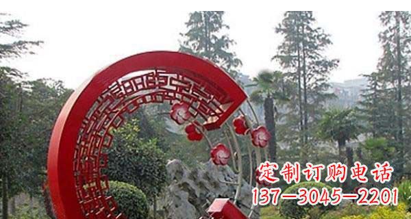 酒泉灵动奔放的不锈钢和梅花圆环雕塑