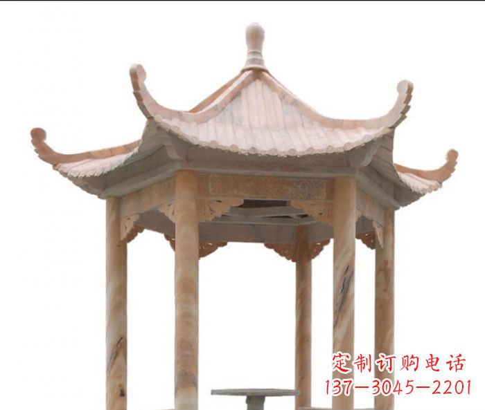 酒泉美丽而优雅的公园晚霞红六角石凉亭雕塑