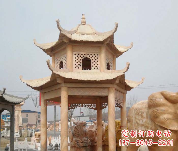 酒泉红双层六角石凉亭雕塑