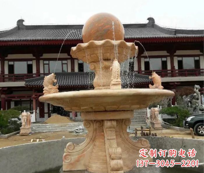 酒泉双层风水球喷泉晚霞红石雕