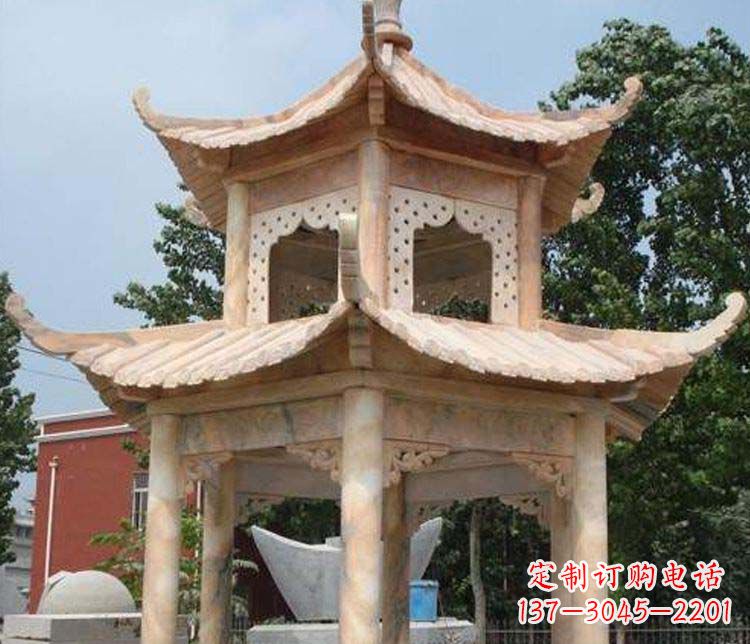 酒泉双层晚霞红凉亭石雕