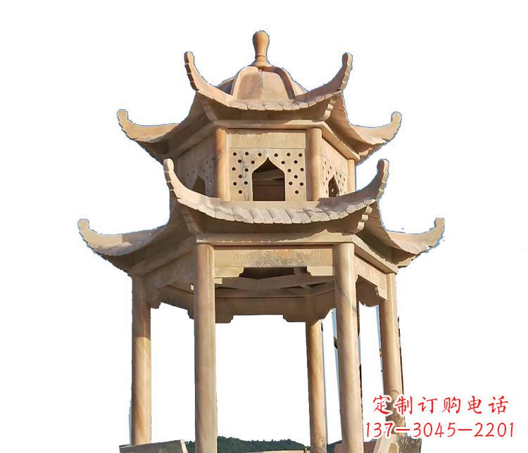 酒泉双层晚霞红凉亭石雕 (2)