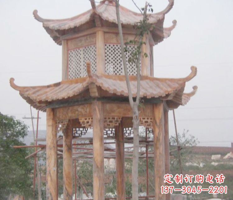 酒泉双层晚霞红石凉亭石雕 (2)
