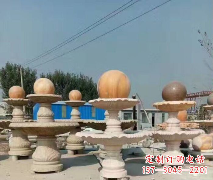 酒泉晚霞红多层风水球喷泉石雕