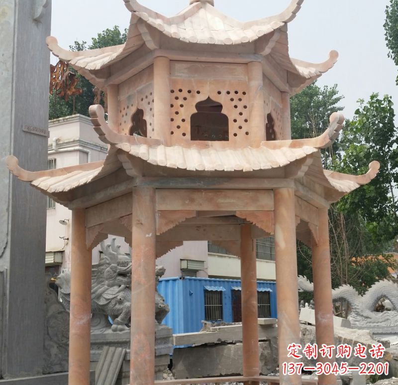 酒泉晚霞红双层六角凉亭石雕 (2)