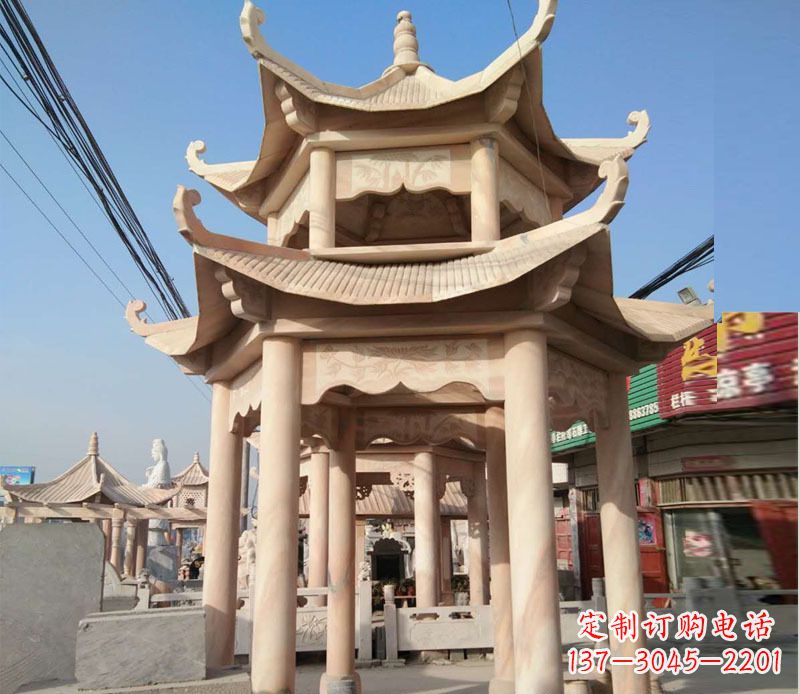 酒泉晚霞红双层六角凉亭石雕 (3)