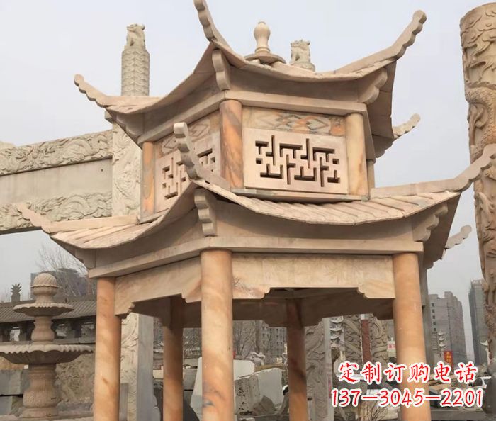 酒泉晚霞红双层石雕凉亭