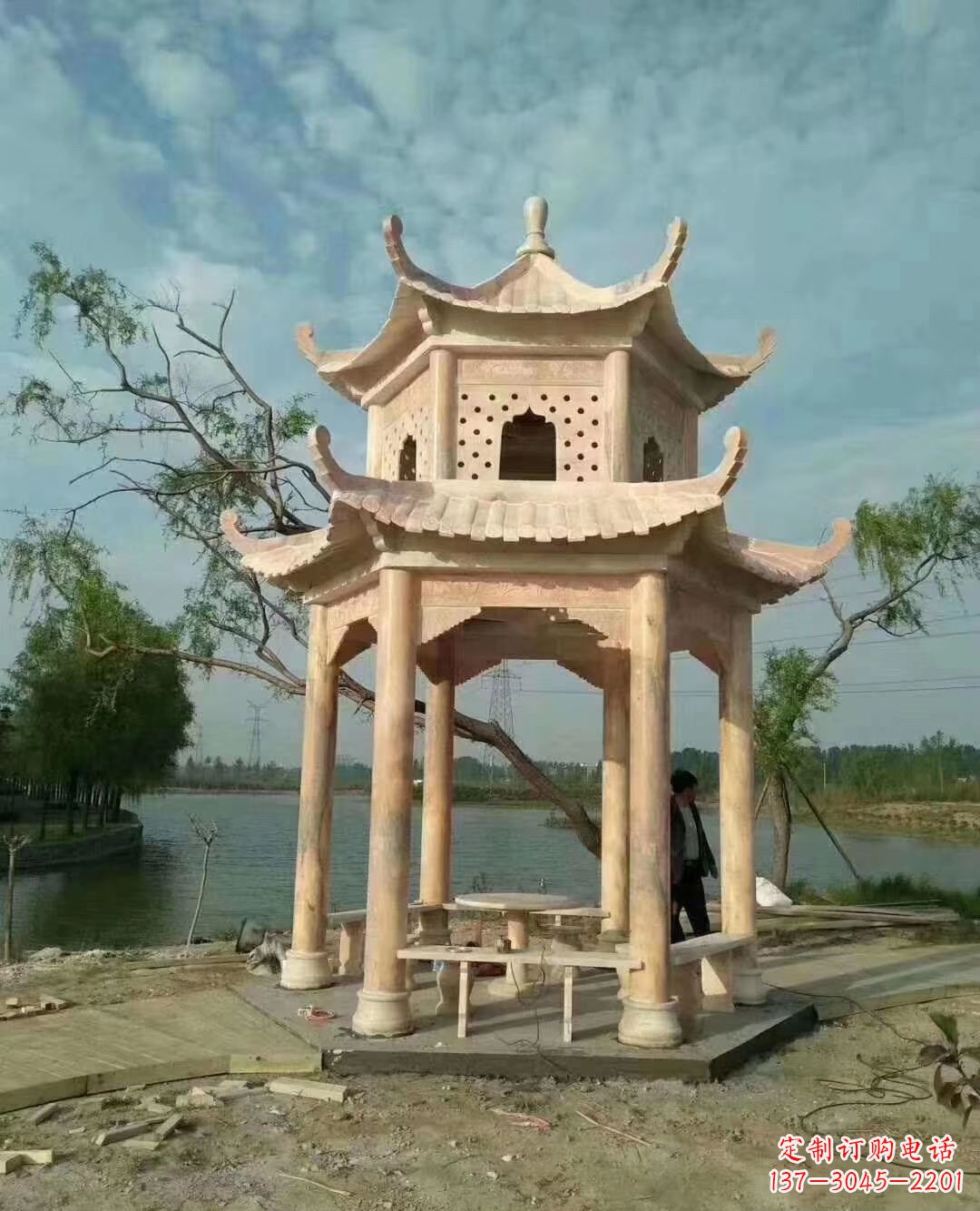 酒泉晚霞红双层石凉亭 (2)