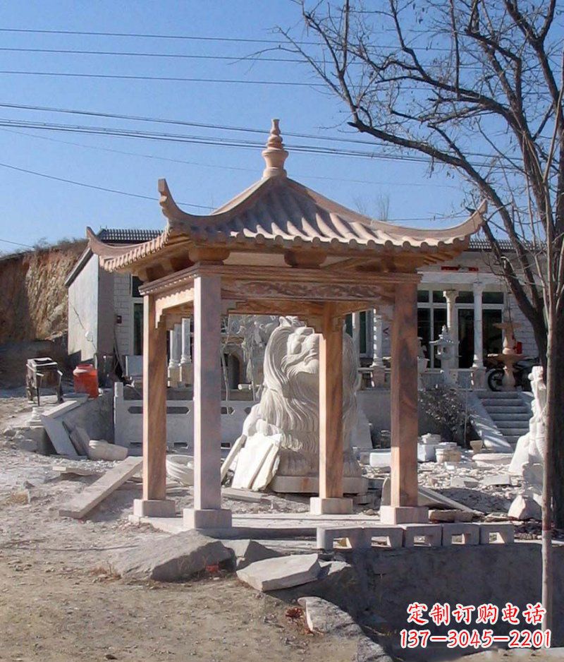 酒泉晚霞红四角凉亭景观石雕