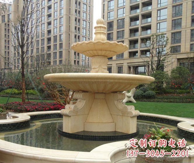 酒泉小区景观晚霞红多层喷泉石雕 (3)
