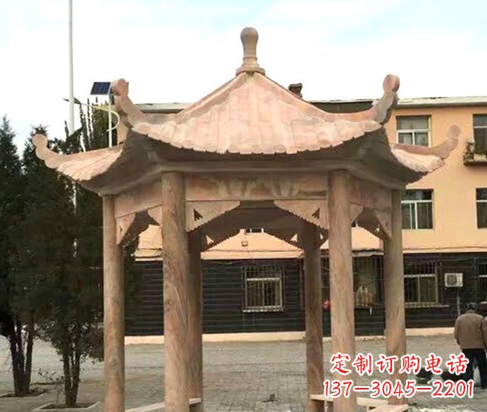 酒泉园林晚霞红六角石雕凉亭